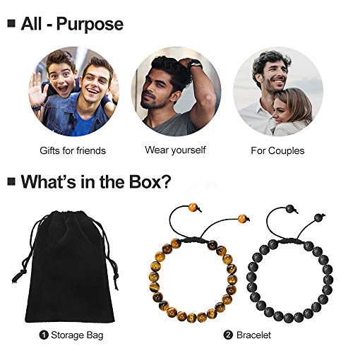 M MOOHAM Mens Bracelet - Beaded Natural Stone 8mm Tiger Eye Matte Agate Lava Rock Bracelets for Men Teen Boys Grandpa Dad Birthday Gifts Jewelry - style: Lava Rock & Yellow Tiger Eye Bracelets