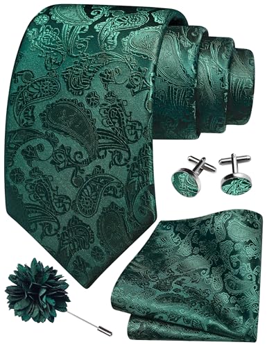 GUSLESON 3.15"（8cm） Mens Paisley Tie and Lapel Pin Necktie Hankerchief Cufflinks Set for Men - color: Dark Green