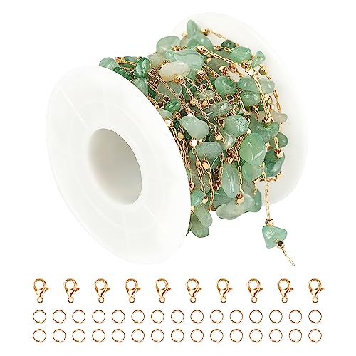 KYUNHOO 16.4 FT Green Raw Gemstones Jewelry Chain for Making Jewelry Crafts | Gold Plated Brass Chains for Necklace Bracelet DIY Thin Paperclip Link Natural Stone Chain with Clasps - color: Natural Stone-Green