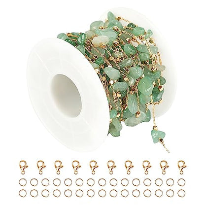 KYUNHOO 16.4 FT Green Raw Gemstones Jewelry Chain for Making Jewelry Crafts | Gold Plated Brass Chains for Necklace Bracelet DIY Thin Paperclip Link Natural Stone Chain with Clasps - color: Natural Stone-Green