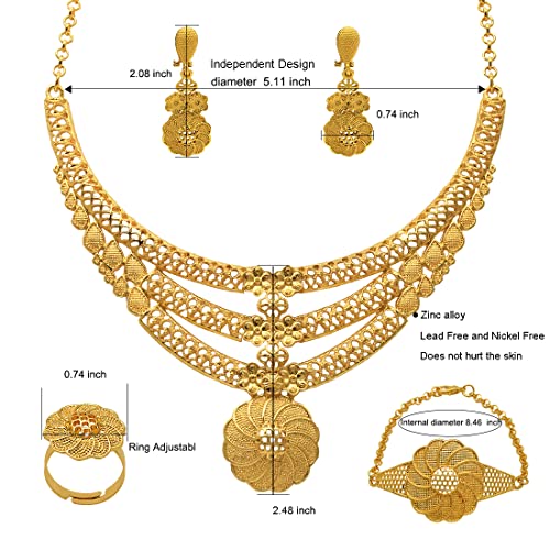 indian Women Jewelry Necklace Set african Dubai Bride Wedding Prom Fashion Jewelry 24K Gold Plated Necklace Bangles Rings Earrings - color: S-340