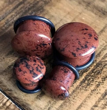 Pair Single Flare Mahogany Obsidian Stone Plugs Gauge Earlets Organic Pierced Body Jewelry - style: 9/16" (14mm)
