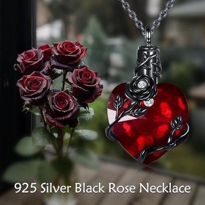 Halloween Necklace 925 Sterling Silver Black Rose Rib Cage Heart Pendant Necklace Halloween Jewelry Gifts for Women Gothic Party - style: Black Rose-Urn