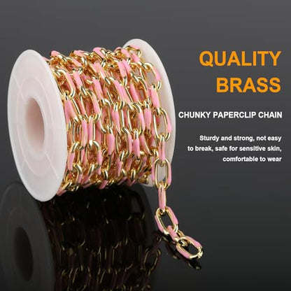 KYUNHOO 2M 18K Gold Plated Chain for Jewelry Making Pink Enamel Chain Spool | Unwelded Paperclip Chain Link Enamel Necklace Making Supplies Chunky Chains for Crafts DIY - color: Pink