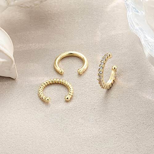3Pcs 14K Gold Plated Cubic Zirconia Ear Cuffs for Non Pierced Ears Women, Hypoallergenic Sparkling Round Huggie Cartilage Earring Jewelry Gifts - color: gold