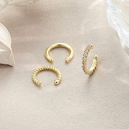 3Pcs 14K Gold Plated Cubic Zirconia Ear Cuffs for Non Pierced Ears Women, Hypoallergenic Sparkling Round Huggie Cartilage Earring Jewelry Gifts - color: gold
