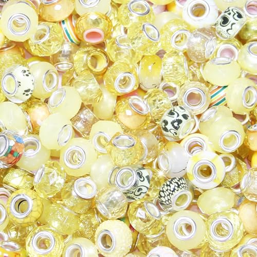 100 Pcs Large Hole Beads Spacer Bead Yellow Assorted European Craft Big Beads Large Hole Lampwork Murano Fairy Wand Garden Bead for DIY Pens Charms Bracelet Necklace Keychain Jewelry Making Supplies - color: Yellow, size: 100 Pcs