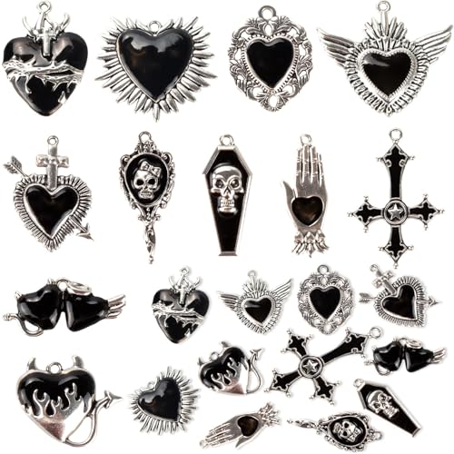 Giata11 Pcs Large Gothic Style Black Cross Skull Tombstone Heart Pendants Goth Halloween Charms for Jewelry Pendants Making DIY Craft Supplies - color: Black