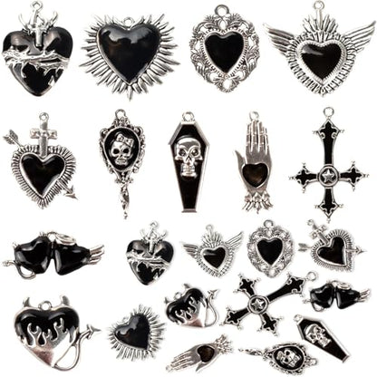 Giata11 Pcs Large Gothic Style Black Cross Skull Tombstone Heart Pendants Goth Halloween Charms for Jewelry Pendants Making DIY Craft Supplies - color: Black