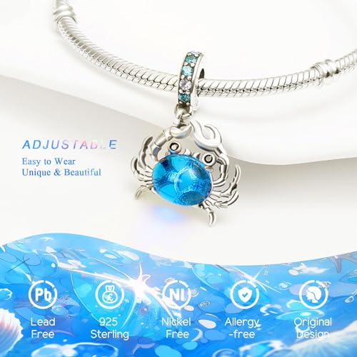 925 Sterling Silver Charms Bead for Bracelets Necklaces, Star Moon Crescent Sun Solar Pendent, Blue Ocean Starfish Shells Turtle Crab Starry Sea Cute Jewelry Birthday Gifts for Women Men - style: Crab