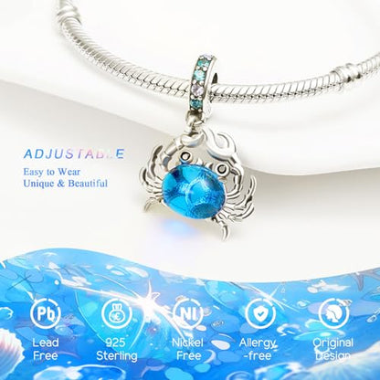 925 Sterling Silver Charms Bead for Bracelets Necklaces, Star Moon Crescent Sun Solar Pendent, Blue Ocean Starfish Shells Turtle Crab Starry Sea Cute Jewelry Birthday Gifts for Women Men - style: Crab