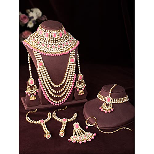 Aheli Traditional Wedding Indian Bharatanatyam jewellery set Long Choker Necklace Earrings Maang Tikka Nath Paasa Hath Phool for Women - color: Pink