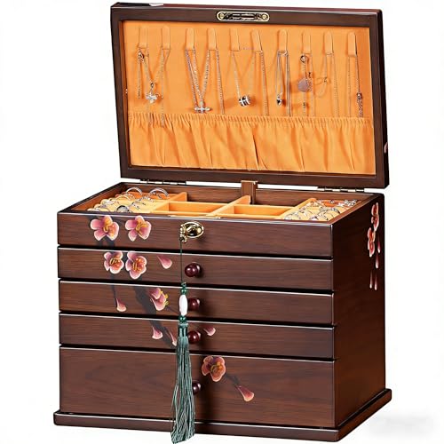 Large Hand-Painted Vintage Wooden Jewelry Box, Lockable 6-Layer Organizer | Xloverise 6-Layer Lockable Jewelry Organizer w/Key, Hand-Painted Wood, Earring Ring Watch Bangle, Rustic Gift Women Men - size: 6-layer Plum Blossom