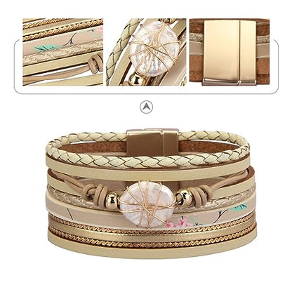 GelConnie Leather Cuff Bracelet Baroque Pearl Wrap Bracelet Gorgeous Gold Tube Bangle Boho Bracelet Bohemian Wristband Jewelry Gift for Women Wife - color: Women Leather Bracelet