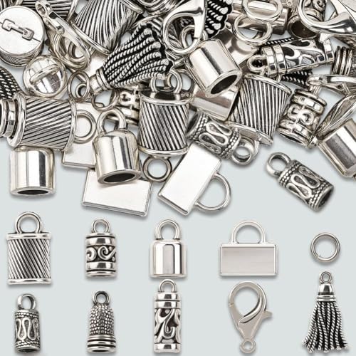 SUNNYCLUE 1 Box 230pcs Tassel End Caps Kumihimo Cord End Caps Alloy Metal Antique Silver Glue in Crimp String Leather Cords Tassel Ends Tips Supplies for Jewelry Making Kit Kumihimo Supplies Crafts - style: Style 1