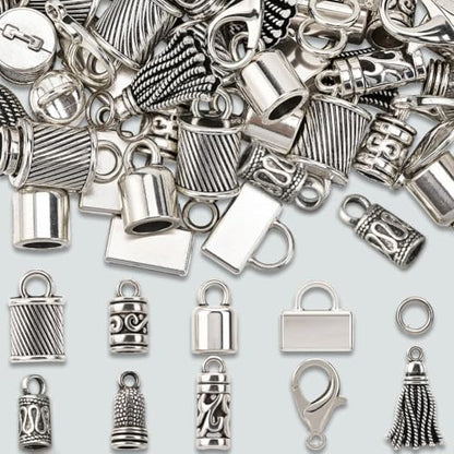 SUNNYCLUE 1 Box 230pcs Tassel End Caps Kumihimo Cord End Caps Alloy Metal Antique Silver Glue in Crimp String Leather Cords Tassel Ends Tips Supplies for Jewelry Making Kit Kumihimo Supplies Crafts - style: Style 1