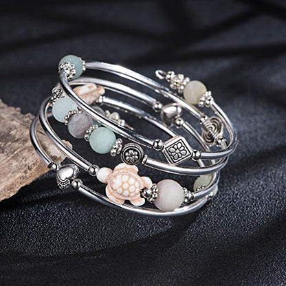 BULINLIN Layered Wrap Bangle Turquoise Bracelet - Bead Bracelet with Natural Agate Stone, Gifts For Women - color: 17-Amazon Green turtle bracelet