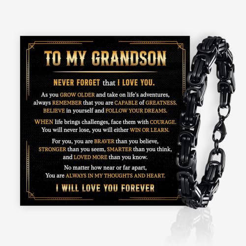 Grandson Gifts from Grandma Grandpa, Black Stainless Steel Bracelet with Meaningful Message Card, Birthday Gift for Grandson, Graduation Christmas Gift, Inspirational Keepsake Jewelry for Men - color: Grandson #10