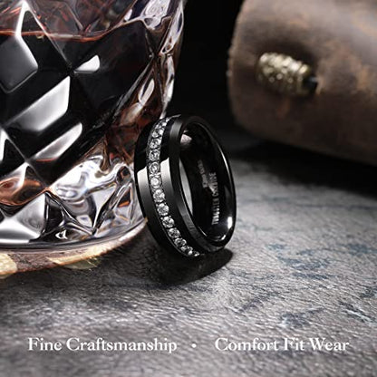 King Will 8mm Tungsten Carbide Rings for Men Cubic Zircon Stones Inlay - color: Black 8mm