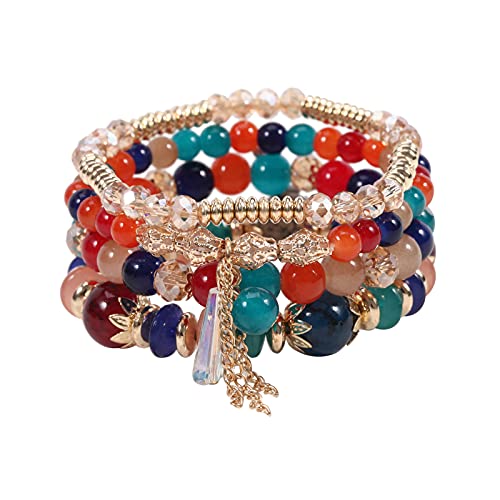 Boho Stackable Jewelry Bracelets for Women 4 Pcs Beaded Stretch Stacking Charm Crystal Bracelet Set Friendship Gifts - color: Colorful