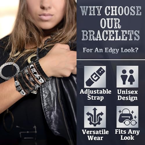 6 Pcs Leather Goth Bracelets, Adjustable 7-11 In, Skull and Star | Emo Bracelet Set, Gothic Faux Cuffs; Punk Rock Wristbands; Braided, Stackable; for Festivals, Alt Outfits and Daily Wear