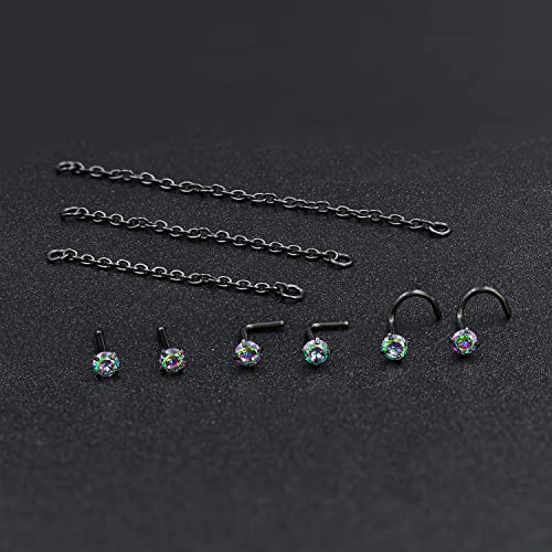 Nose Ring Chain Across Nose Black Stainless Steel Nostril Nose Piercing Chain with Cubic Zirconia Nose Screw Bone L-Shaped Ring for Women Body Piercing Nostril Jewelry with Bridge Chain - color: Black-Single Nose Chain Studs