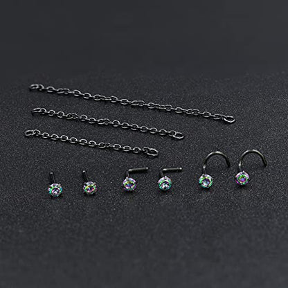 Nose Ring Chain Across Nose Black Stainless Steel Nostril Nose Piercing Chain with Cubic Zirconia Nose Screw Bone L-Shaped Ring for Women Body Piercing Nostril Jewelry with Bridge Chain - color: Black-Single Nose Chain Studs