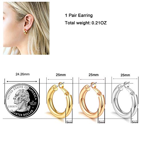 sovesi Chunky Hoop Earrings for Women, 14K Gold Plated Thick Hoops | 5mm Thick Hollow Tube Chunky Lightweight Hypoallergenic Hoop Earrings for Women - style: Gold and Rose Gold 25MM