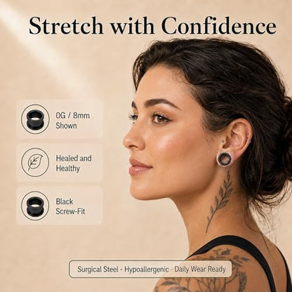 BodyJ4You 36PC Ear Stretching Kit - Complete Beginner Set 14G-00G | Gauges for Ears Stainless Steel Tapers Single Flare Plugs Tunnels - Dead Stretching Lobe Men Women Expander - color: Black, Screw Fit