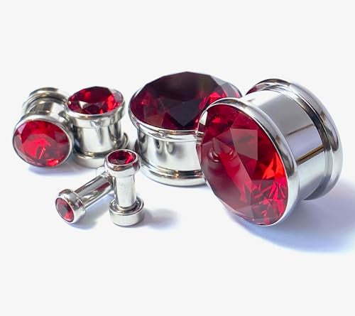 PAIR of Stunning Large CZ Red Gem Screw Fit Tunnels - Plugs - Gauges - Body Jewelry - size: 0g (8mm)