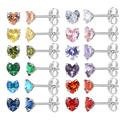 12 Pairs 18K Gold Plated Surgical Stainless Steel Stud Earrings, Star Heart Square Stud Earring for Women, Cubic Zirconia Birthstone Stud Earrings Set - color: Silver heart 3mm