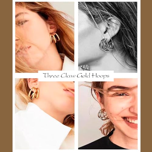 2 Pairs Gold/Silver Hoop Earrings For Women Set Trendy,14K Plated Gold Chunky Huggie Hoop Earings Pack,Oval Twisted Statement Silver Hoops,Fashion Jewelry Gift - color: 10) triple hoop