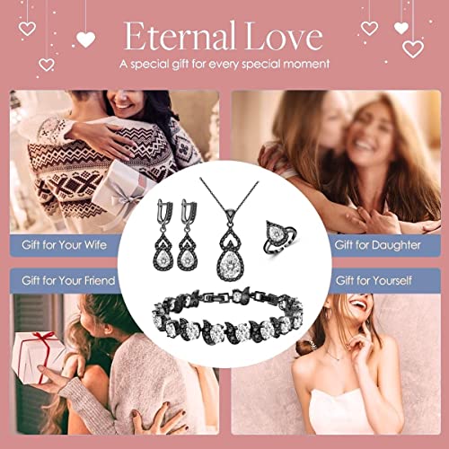 LMXXVJ Women Jewelry Set Platinum Plated Necklace Open Ring Earrings Bracelet Set,Birthday/Anniversary Mother’s Day Jewelry Gifts for Mom/Wife/Sister/Best Friend - color: Black Gun-White