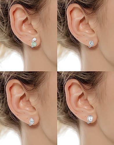 Tornito 10-15 Pairs Clip on Stud Earrings Non Pierced Teardrop Round Square CZ Pearl Twist Knot Flower Butterfly Heart Star Rainbow Cat Opal Clip on Earrings for Women - color: A: Silver Tone