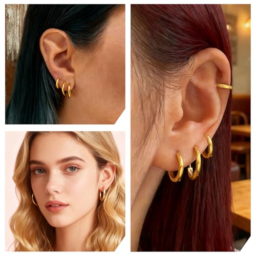4 Pairs Small Gold Silver Huggie Hoop Earrings for Women Surgical Steel Set | 14K Gold Plated 316L Stainless Steel, 6/8/10/12 mm, Hypoallergenic, Lightweight, Mini Jewelry - color: Gold/4 Pairs