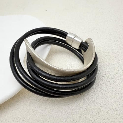 Leather Wrap Bracelet for Women Bangle Bracelet Handmade Bohemian Bangle Bold Statement Leather Bracelet for Women Trendy - style: Black Leather Wrap Bracelet