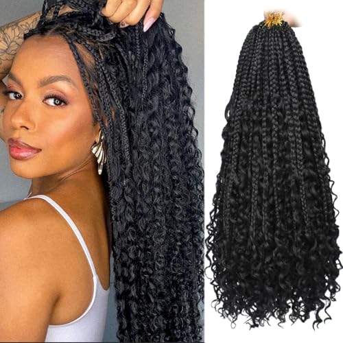 Unionbeauty Boho Box Braids Crochet Hair 16 Inch Black Goddess Box Braids Crochet Hair Curly Ends 8 Packs Bohemian Hippie Box Braids Synthetic Braiding Hair for Black Woman Crochet Box Braids 1B# - color: 1B#, size: 16 Inch (Pack of 8)