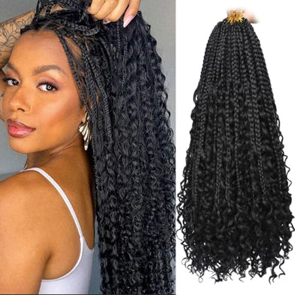 Unionbeauty Boho Box Braids Crochet Hair 16 Inch Black Goddess Box Braids Crochet Hair Curly Ends 8 Packs Bohemian Hippie Box Braids Synthetic Braiding Hair for Black Woman Crochet Box Braids 1B# - color: 1B#, size: 16 Inch (Pack of 8)