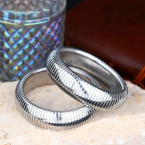 Gold Chunky Stretch Snake Chain Bangle Bracelets Stack for Women Trendy, 18K Gold Filled Stainless Steel Stretchy Womens Stackable Wristband Bangles Bracelet Set - style: SILVER 20MM 2PCS