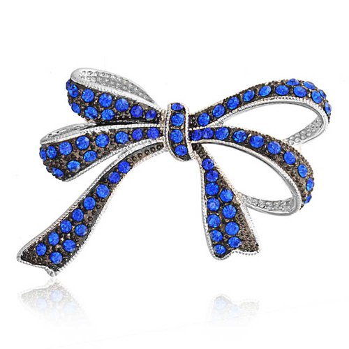 Winter Holiday Blue White Glittering Crystal Bridal Fashion Large Statement Ribbon Scarf Bow Brooch Pin For Women Rose Gold or Silver Plated - color: Dark Blue
