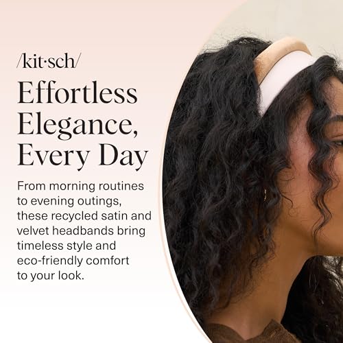 Kitsch Velvet & Satin Headbands for Women - Non Slip, Soft and Lightweight - Stylish Headbands for Girls with Chic Neutral Shades - Cream & Camel, 2pc Set - color: Cream & Camel