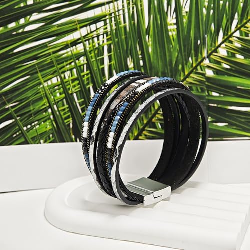 ZMANYIJEW Leather Wrap Bracelets for Women,Boho Cuff Bracelets Multi-Layer Crystal Beads Cuff Bracelet Multilayered Leopard Leather Braided Bangle Wrist Cuff Bangles - style: black