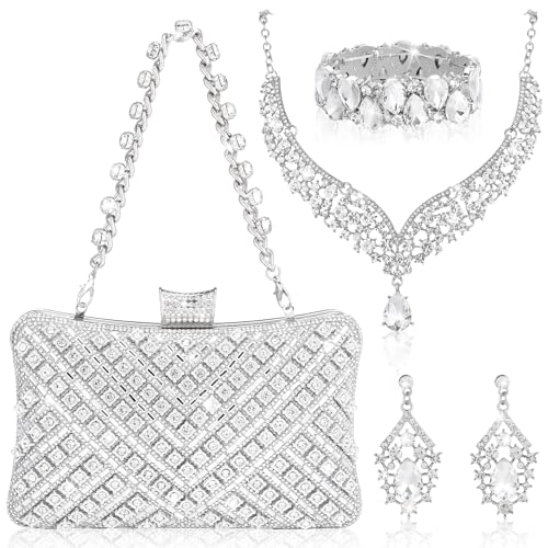 Quelay 4 Pcs Purse Rhinestone Jewelry Set Women | Wedding Bridal Prom Jewelry Sparkly Clutch Handbag with Necklace Bracelet Dangle Earrings Shiny Costume Kit - color: Silver, style: Luxurious