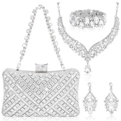 Quelay 4 Pcs Purse Rhinestone Jewelry Set Women | Wedding Bridal Prom Jewelry Sparkly Clutch Handbag with Necklace Bracelet Dangle Earrings Shiny Costume Kit - color: Silver, style: Luxurious
