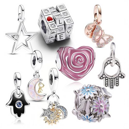 10 Pack Silver Bead Charms for Bracelets and Necklaces Pendant Dangle Beads Jewelry Gifts for Women Charm Set - color: Heart Butterfly