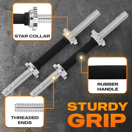 Yes4All Threaded Dumbbell Handles, Adjustable Dumbbell Bar Pair, 14/16/18/24-Inch Sizes, Fits 1" or 1.15" Plates, Non-Slip Grip, Secure Star-Lock Collars - color: 18" - Chrome & Rubber - Silver