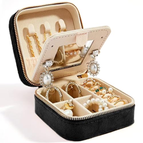 Travel Velvet Jewelry Box with Mirror, Mini Gifts Case for Women Girls, Small Portable Organizer Boxes for Rings Earrings Necklaces Bracelets (Black) - color: Black