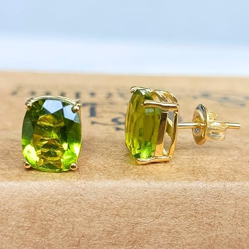 Women's 18K Gold Plated 8x10mm Princess Cut Gemstone Stud Earrings – Birthstone Jewelry for Her – Classic Cushion Studs - color: Peridot