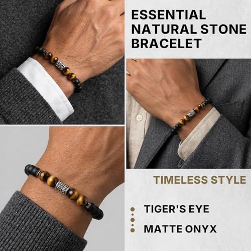Flybar Men's 4 Piece Beaded Bracelet Set, Natural Lava Stone Black Onyx Matte Agate Tiger Eye, Stretchable Elastic Handmade Stackable - color: CK04 Cross Tiger eye 4