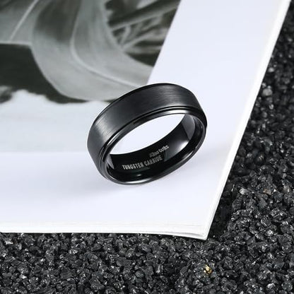 King Will Classic Tungsten Wedding Band for Men, 6/7/8/9/10mm Widths, Polished Finish Step Edge Matte Rings Comfort Fit - color: B-Black 8mm